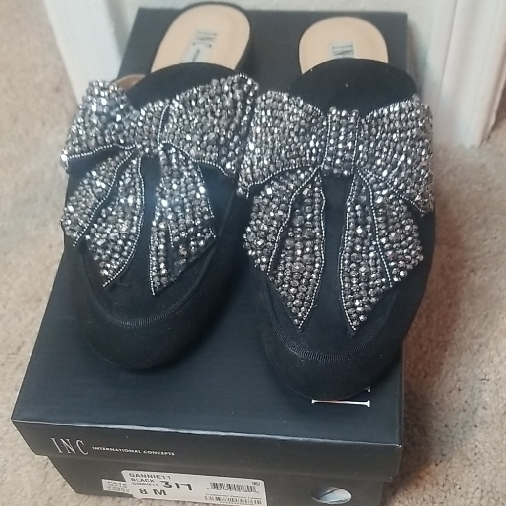 INC International Concepts Black and Silver Mules with Crystal Bow